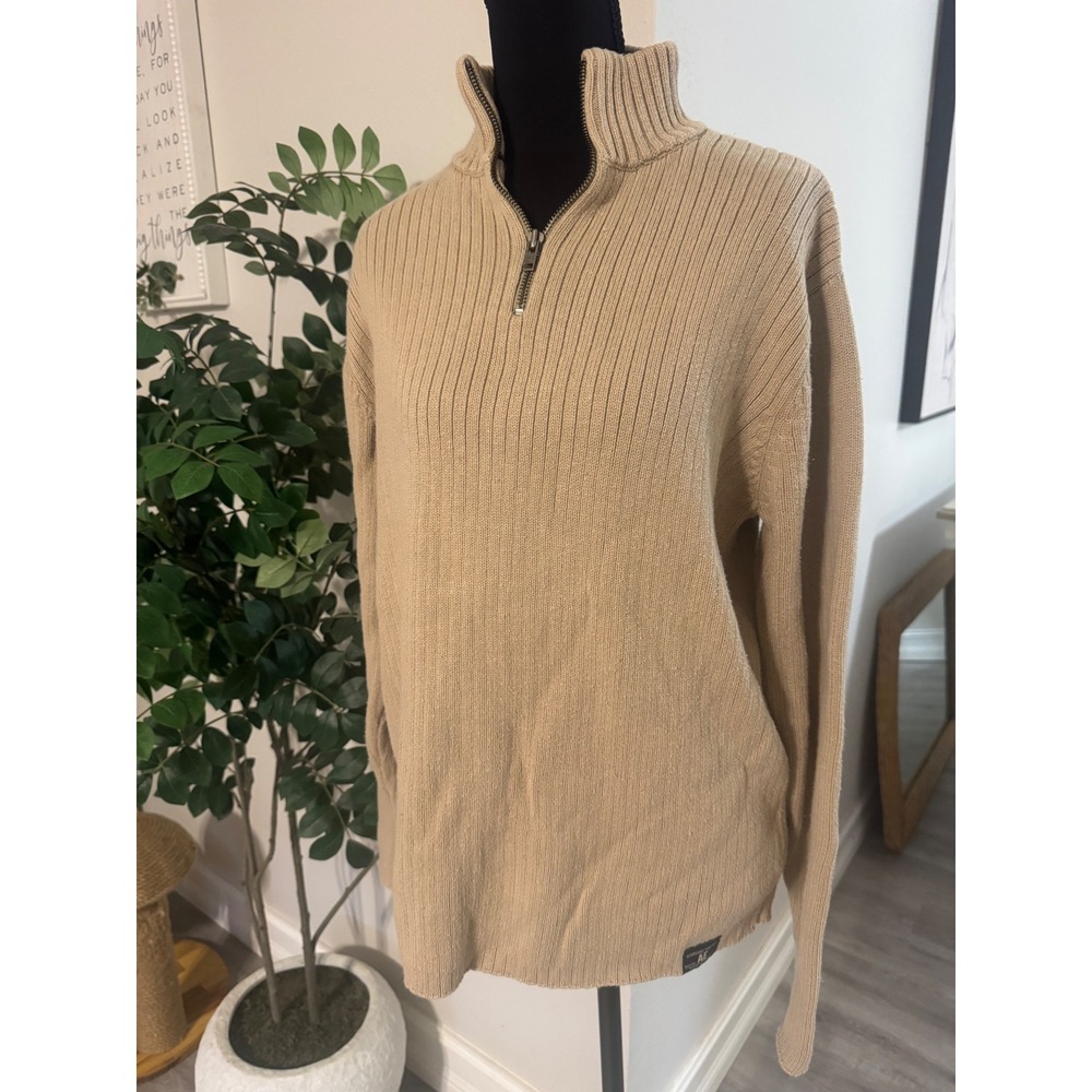 American Eagle Mens Tan Ribbed Quarter Zip Cotton Sweater Vintage Slim Fit M